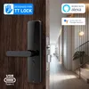 A smart door lock is shown on a wooden door, with a hallway visible in the background. Náhled obrázku produktu