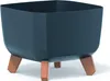 A dark blue square planter with brown legs on a white background. Produktbild-Vorschau