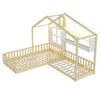 A wooden house-shaped bed frame with two connected bed bases, one larger than the other, and a window detail. Anteprima dell’immagine prodotto