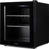 A black mini-refrigerator with a glass door. Voir les images du produit