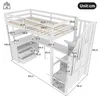 A diagram showing the dimensions of a loft bed with a desk and storage. Produktbild-Vorschau