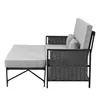 A side view of a gray outdoor sofa with an attached ottoman and two cushions. Podgląd zdjęcia produktu