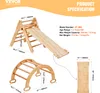 Product specifications and dimensions for a wooden Pikler triangle and climbing arch set. Voir les images du produit
