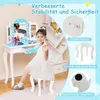A young girl is sitting at a child's vanity table with a stool, and the image highlights product features with text overlays. Produktbild-Vorschau