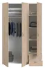 An open wardrobe with clothes and folded items inside. Produktbild-Vorschau