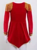 Back view of a child's red velvet costume with gold fringe on the shoulders and gold trim on the cuffs and hem. Podgląd zdjęcia produktu