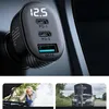 A car charger with a digital display and multiple ports, shown plugged into a car's power outlet. Below it, two smaller images depict people looking distressed at car engine trouble. Produktbild-Vorschau