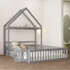 A children's house bed with safety rails and a mattress in a room. Náhľad obrázku produktu