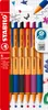 A package of six STABILO pointball pens in various colors, displayed on a grid background with some illustrative drawings. Produktbild-Vorschau