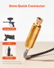 A close-up of a gold quick connector with a black hose attached, next to images of a paintball rifle, a PCP, and a diving tank. Produktbild-Vorschau