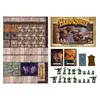 A collage of game components including board tiles, cards, miniatures, and the game box. Produktbild-Vorschau