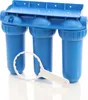 A blue three-stage water filter system with a white filter wrench in front of it, set against a white background. Produktbild-Vorschau