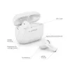 A white charging case with two white earbuds, one inside the case and one outside, with various features labeled with text. Produktbild-Vorschau