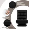A product image showcasing a black floor chair with close-up insets highlighting its material and padding. Produktbild-Vorschau