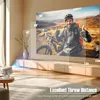 A projector displaying a large image on a wall in a living room, with measurements indicating throw distance. Produktbild-Vorschau