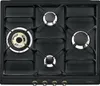A top-down view of a black gas cooktop with four burners and cast iron grates. Voir les images du produit