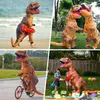 A collage of four images showing inflatable dinosaur costumes in various settings: on a beach, in a park, riding a bicycle, and at a party. Produktbild-Vorschau