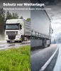A split image showing a truck in rainy weather on the left and a truck in snowy weather on the right, with text overlays. Produktbild-Vorschau