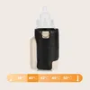 A baby bottle with a black and beige warmer sleeve, with temperature indicators below. Produktbild-Vorschau