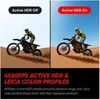 A split image showing a motocross rider in action, with one side labeled 'Active HDR Off' and the other 'Active HDR On'. Below the images, text describes '4K60FPS ACTIVE HDR & LEICA COLOR PROFILES'. Anteprima dell’immagine prodotto