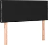 A black upholstered headboard with wooden legs against a white background. Produktbild-Vorschau