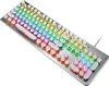 A silver mechanical keyboard with RGB backlighting is shown from a diagonal top-down perspective against a white background. Produktbild-Vorschau