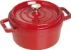 A red Staub cast iron pot with a silver knob on its lid, presented on a white background. Produktbild-Vorschau