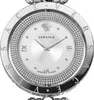 A close-up, front-facing studio shot of a silver Versace women's watch. Produktbild-Vorschau