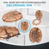 A collage of images showcasing a toilet seat with a wood grain pattern. Produktbild-Vorschau