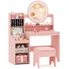 A pink children's vanity table with a mirror, shelves, and a stool, set against a white background. Voir les images du produit