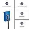 A collage of images and text describing features of a mailbox post. The main image shows a blue mailbox on a silver pole. Podgląd zdjęcia produktu