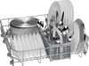 A dishwasher rack filled with clean dishes, cutlery, and a pot. Voir les images du produit