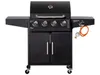 A black gas grill with side shelves and a cabinet base, shown on a white background. Produktbild-Vorschau