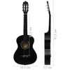 Two views of a black acoustic guitar, one front and one side, with dimensions indicated by measurement lines and text. Náhľad obrázku produktu