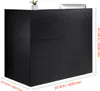 A black reception desk with dimensions indicated by measurement lines and text. Produktbild-Vorschau
