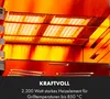 Close-up of a grill's heating element glowing orange, with marketing text below. Produktbild-Vorschau