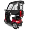 A red three-wheeled electric scooter with a black canopy and a rear storage box, shown from a rear-side angle against a white background. Produktbild-Vorschau