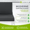 A close-up of a modern grey garden lounge sofa with marketing text and icons highlighting its features. Produktbild-Vorschau