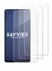 Three clear screen protectors are shown layered on top of each other, with one partially covering a smartphone screen. The smartphone screen displays the brand name 'SAVVIES' and 'SMART PROTECTION'. Produktbild-Vorschau