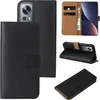 A collage of images showing a black flip phone case for a Xiaomi 12 Pro, including its interior card slots and how it functions as a stand. Produktbild-Vorschau