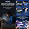 A collage of images showing a woman using a phone, instructions for applying a screen protector, and a close-up of a phone screen with a game. Produktbild-Vorschau