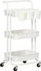 A white three-tier rolling cart with storage cups on the top shelf.