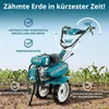 A teal and black rototiller is shown in a field with crops, with text overlays highlighting features. Podgląd zdjęcia produktu
