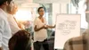 A group of people in a meeting room, with one person presenting at a whiteboard. Produktbild-Vorschau