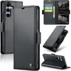Collage of a black leather wallet-style phone case for a Samsung Galaxy S25, showing different angles and features. Produktbild-Vorschau
