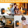Collage of images showing a portable electric heater being used in various home settings with families and individuals. Produktbild-Vorschau