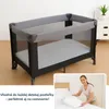 A baby playpen is shown in the main image, with a smaller inset image of a woman making a bed. Text in Slovak appears below the playpen image. Náhľad obrázku produktu