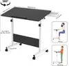 A mobile laptop table shown with dimensions and usage examples. Produktbild-Vorschau