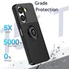 A black phone case with a ring holder is shown at an angle, with text highlighting its protective features. Produktbild-Vorschau