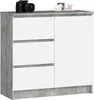 A white and gray dresser with three drawers on the left and a door on the right, placed on a white background. Decorative items are on top of the dresser. Produktbild-Vorschau